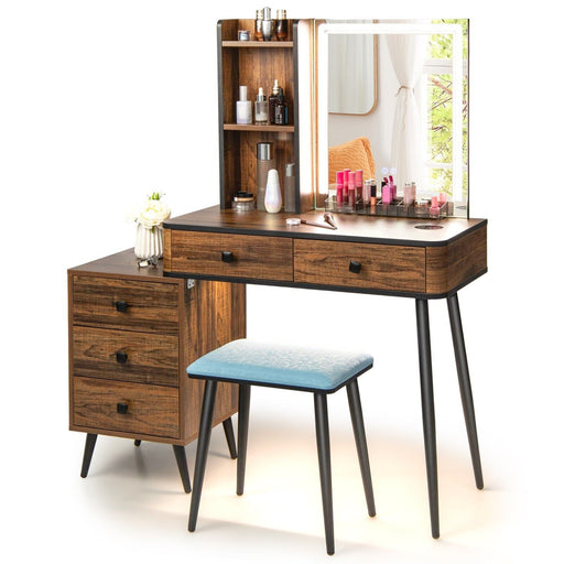 Vanity Table Set with 3-Color LED Lights Mirror and Charging Station