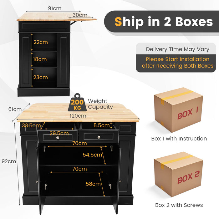 Drop-Leaf Kitchen Island with Extendable Worktop and Adjustable Shelves