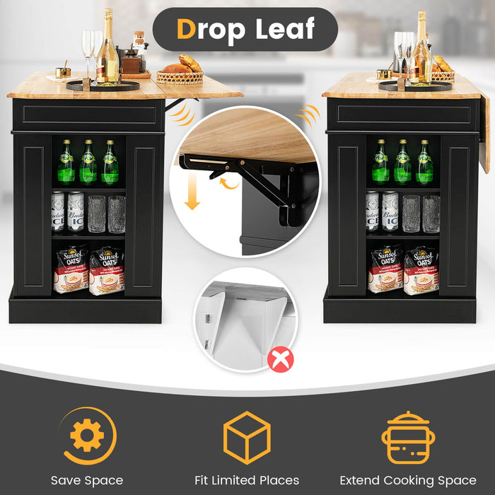 Drop-Leaf Kitchen Island with Extendable Worktop and Adjustable Shelves