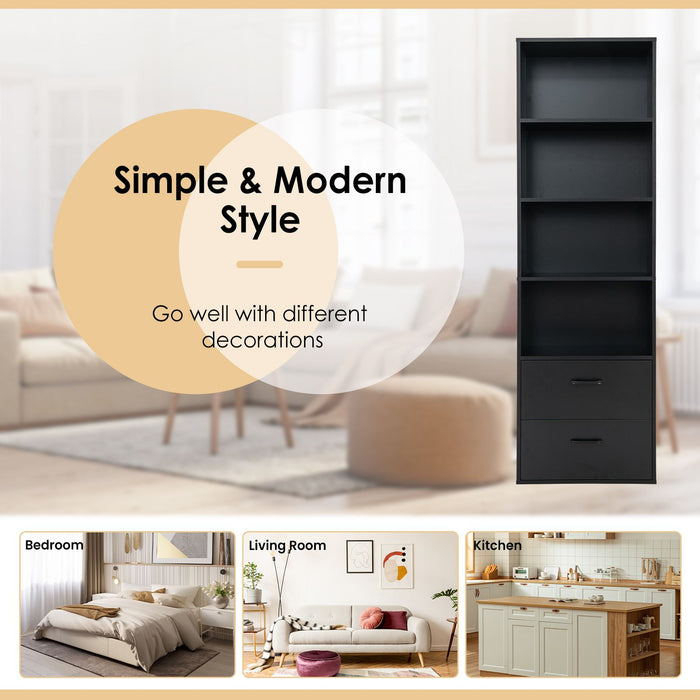 6-Tier Modern Wooden Bookshelf with 4 Open Shelves and 2 Drawers