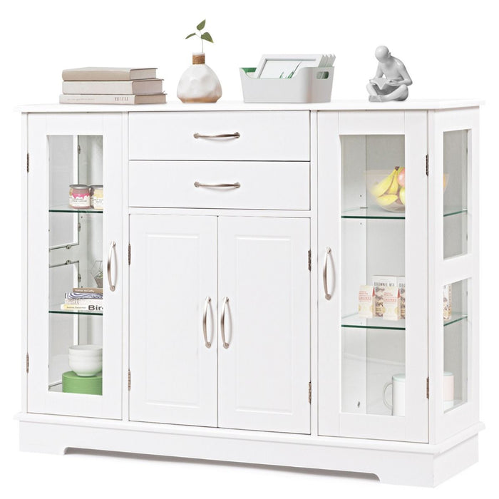 Wooden Buffet Sideboard with Adjustable Shelves and 2 Glass Doors