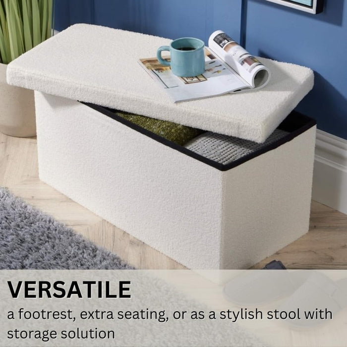 SEDOL Folding Ottoman Storage Box - 38×76×38cm Cream Furry Boucle Ottoman Bench