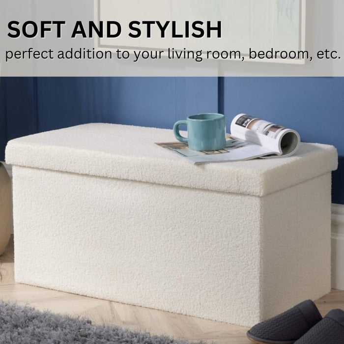 SEDOL Folding Ottoman Storage Box - 38×76×38cm Cream Furry Boucle Ottoman Bench