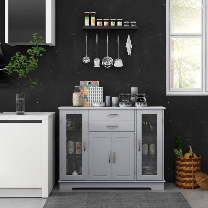 Wooden Buffet Sideboard with Adjustable Shelves and 2 Glass Doors