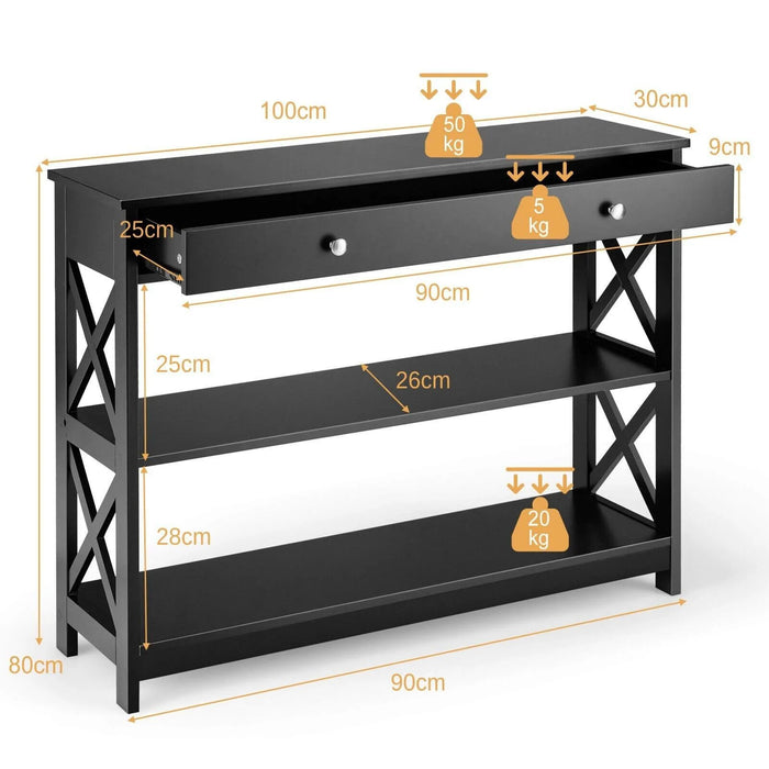 3-Tier Console Table with 1 Drawer and 2 Storage Shelves