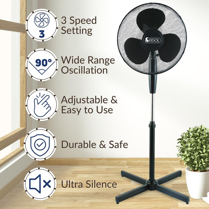 Sedol Pedestal Fan - 16" Oscillating Fan with 3 Speed, Adjustable Height, and Tilting Head