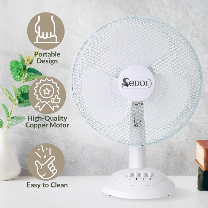 SEDOL 12" Desk Fan - Portable Electric Fan with 3 Speed Settings