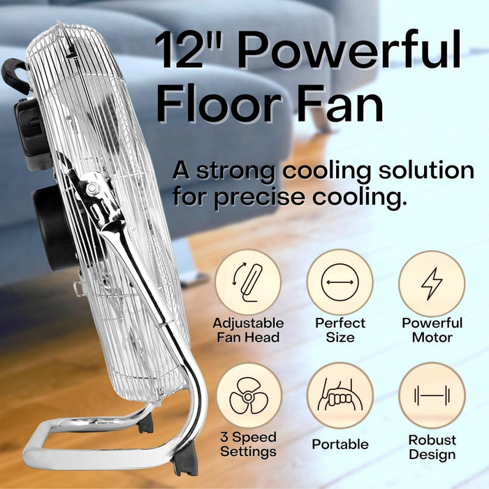 SEDOL 12" Chrome Floor Fan with 3 Speed Settings and Tilting Head Feature