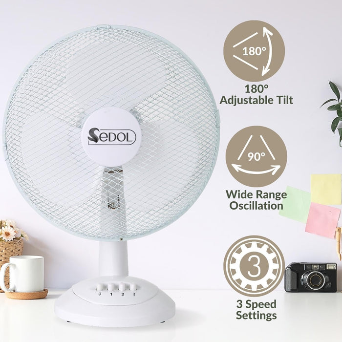 SEDOL 12" Desk Fan - Portable Electric Fan with 3 Speed Settings