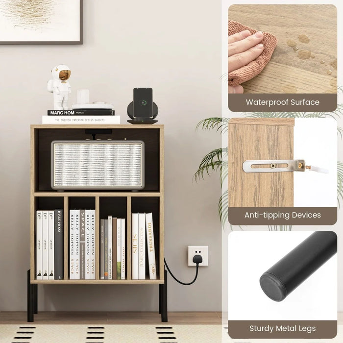Record Player Stand with Charging Station and 5 Storage Compartments