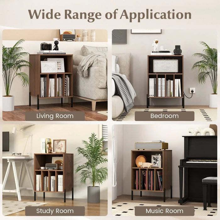 Record Player Stand with Charging Station and 5 Storage Compartments