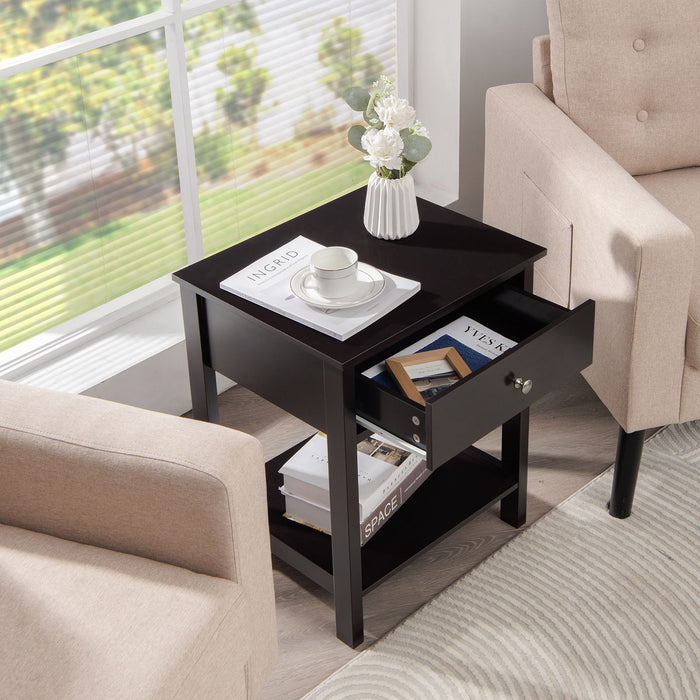 2 Pieces Wooden Nightstand with Drawer and Storage Shelf