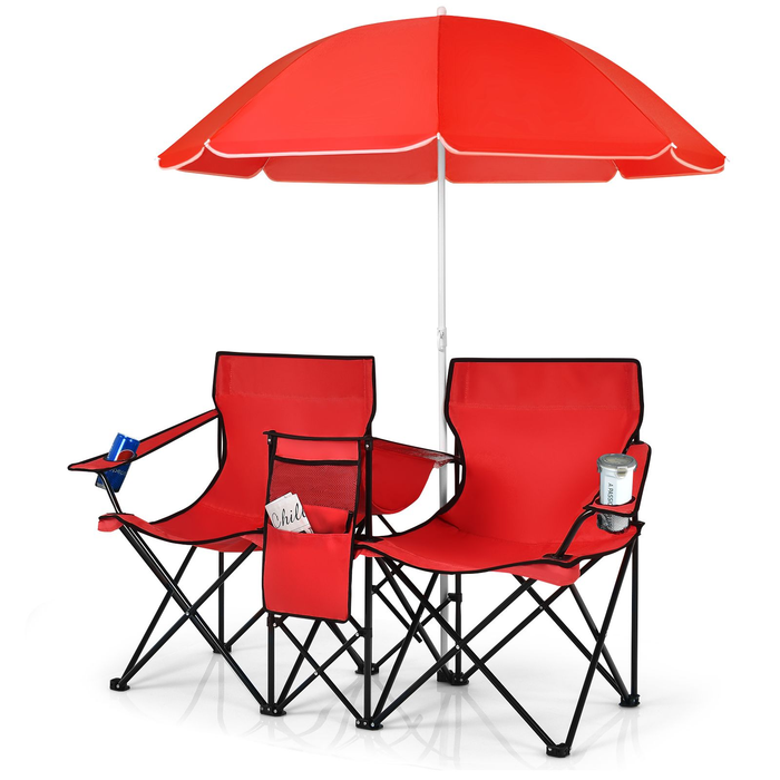 Portable Double Camping Chair with Umbrella and Ice Bag