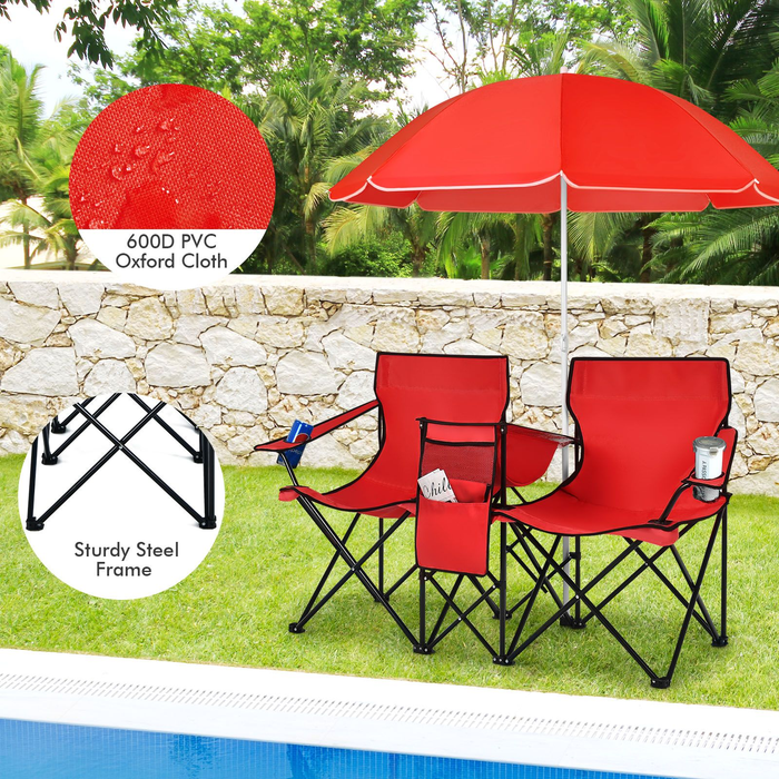 Portable Double Camping Chair with Umbrella and Ice Bag