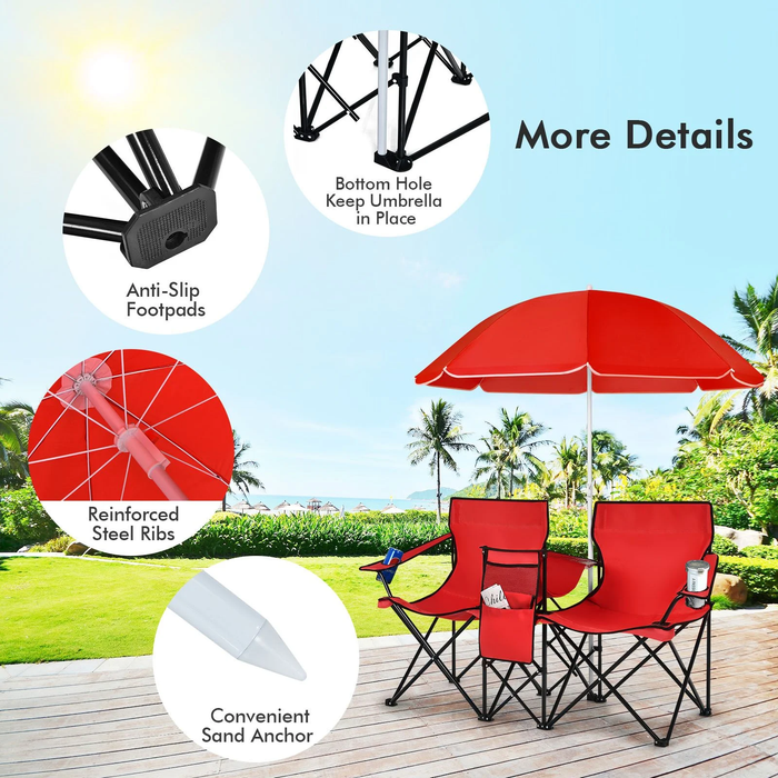 Portable Double Camping Chair with Umbrella and Ice Bag