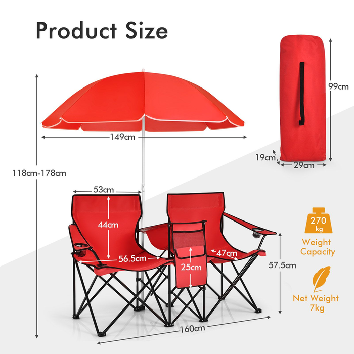 Portable Double Camping Chair with Umbrella and Ice Bag