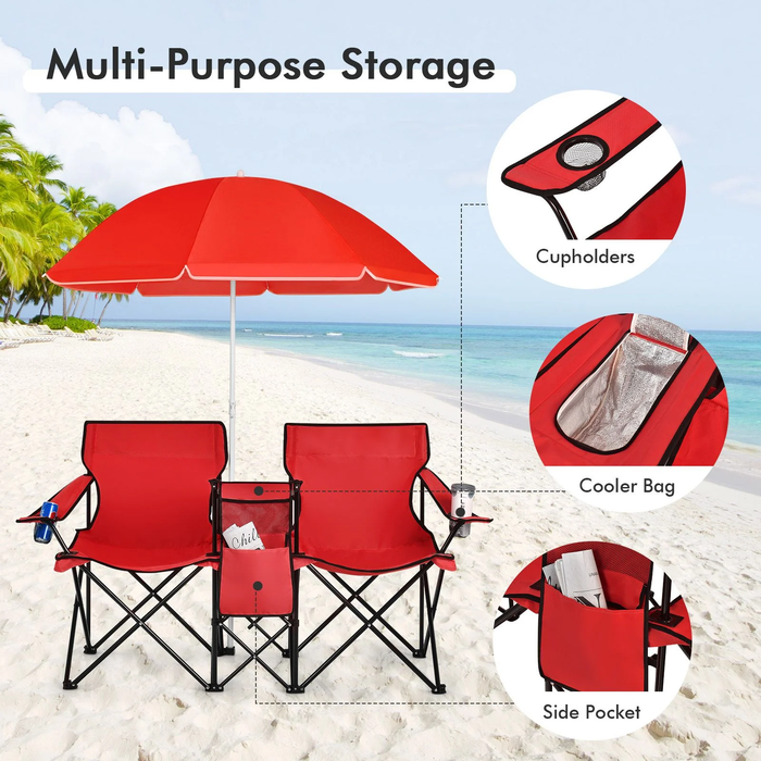 Portable Double Camping Chair with Umbrella and Ice Bag