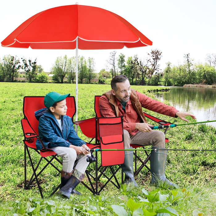 Portable Double Camping Chair with Umbrella and Ice Bag