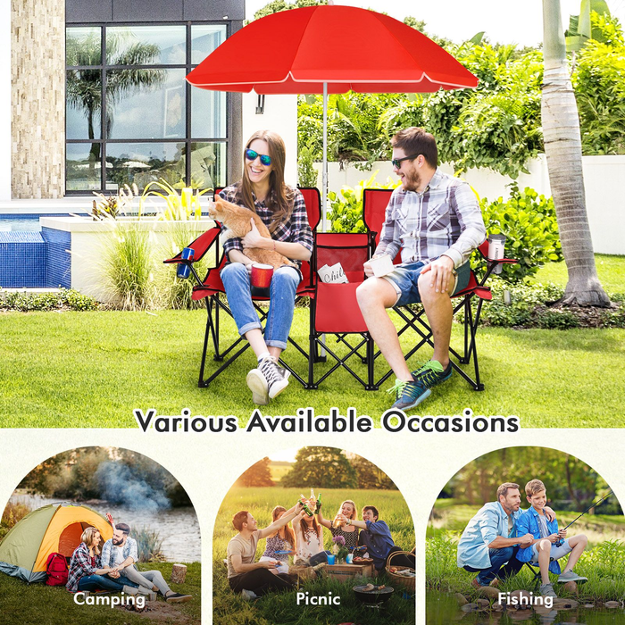 Portable Double Camping Chair with Umbrella and Ice Bag