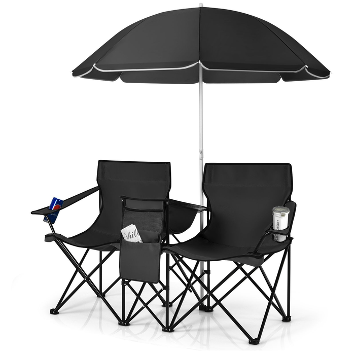 Portable Double Camping Chair with Umbrella and Ice Bag