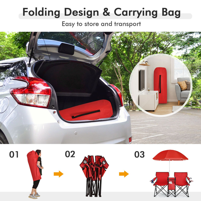 Portable Double Camping Chair with Umbrella and Ice Bag