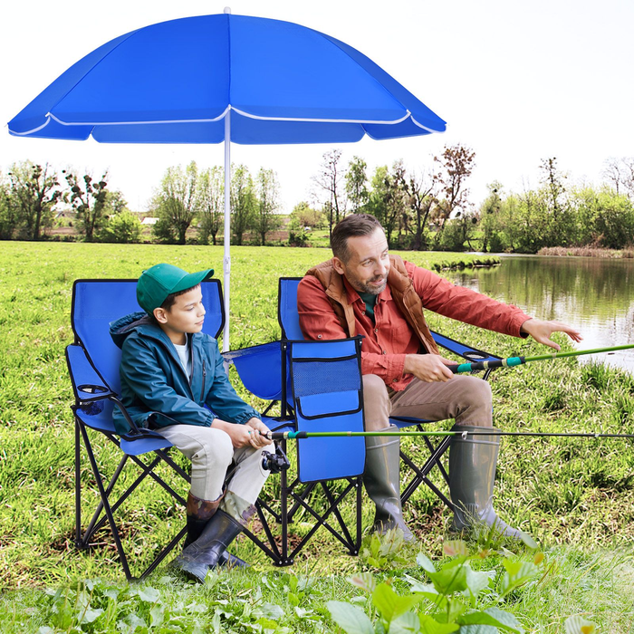 Portable Double Camping Chair with Umbrella and Ice Bag