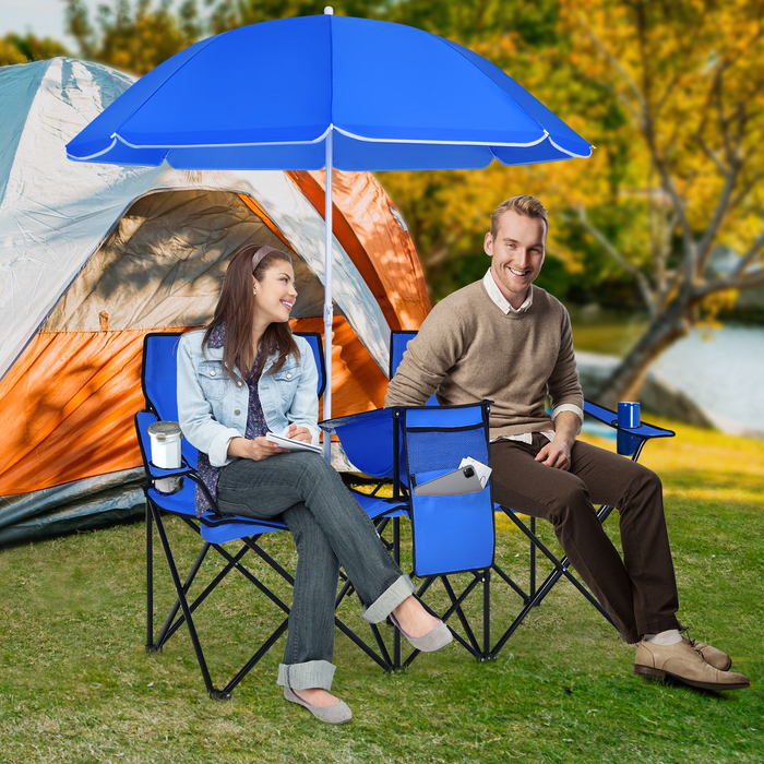 Portable Double Camping Chair with Umbrella and Ice Bag