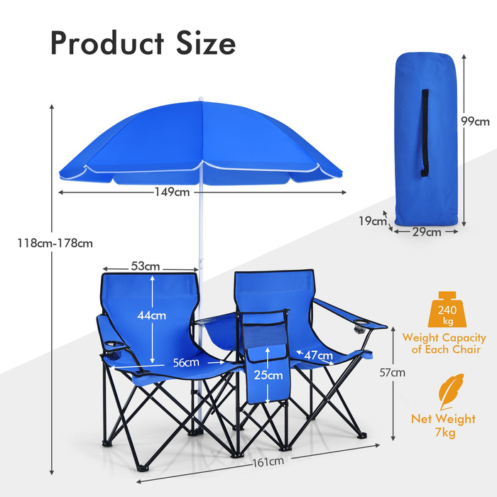 Portable Double Camping Chair with Umbrella and Ice Bag