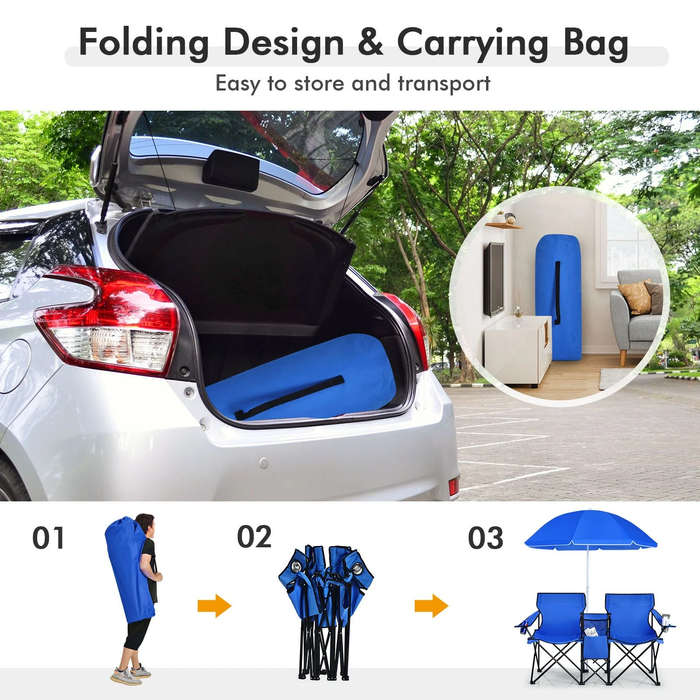 Portable Double Camping Chair with Umbrella and Ice Bag