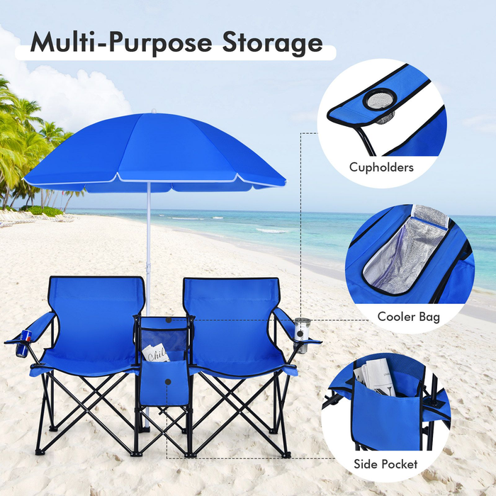 Portable Double Camping Chair with Umbrella and Ice Bag