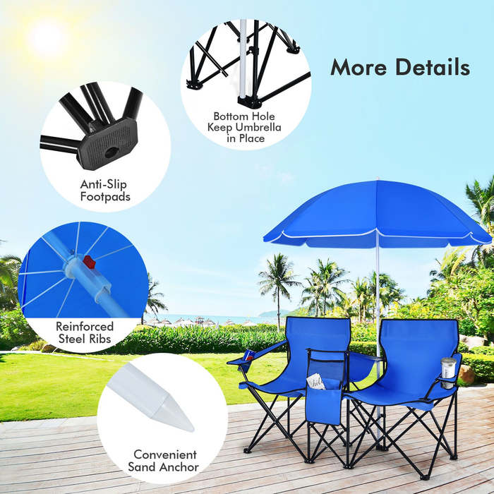 Portable Double Camping Chair with Umbrella and Ice Bag