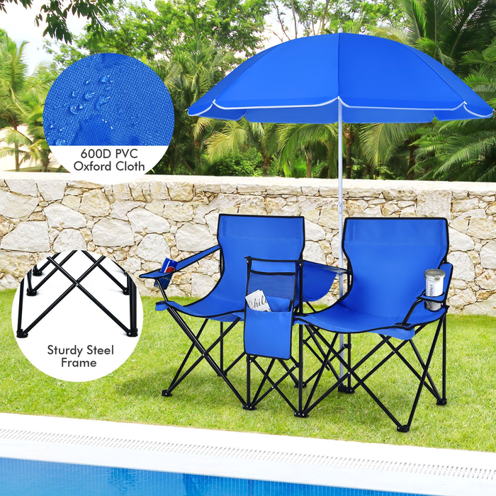 Portable Double Camping Chair with Umbrella and Ice Bag