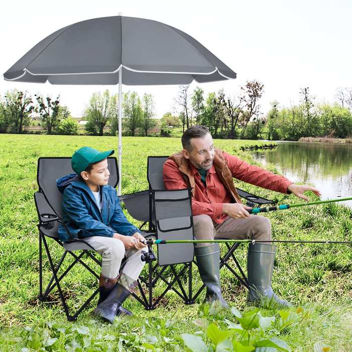 Portable Double Camping Chair with Umbrella and Ice Bag