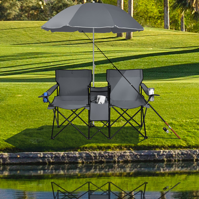 Portable Double Camping Chair with Umbrella and Ice Bag