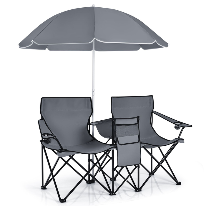 Portable Double Camping Chair with Umbrella and Ice Bag