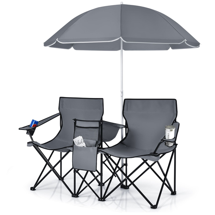 Portable Double Camping Chair with Umbrella and Ice Bag