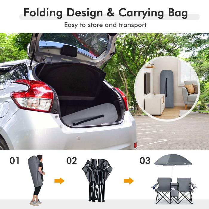 Portable Double Camping Chair with Umbrella and Ice Bag