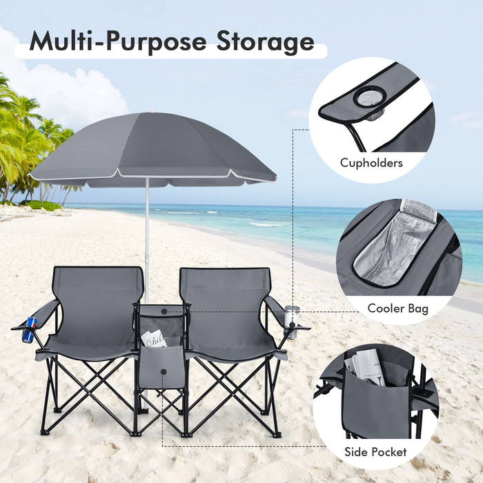 Portable Double Camping Chair with Umbrella and Ice Bag