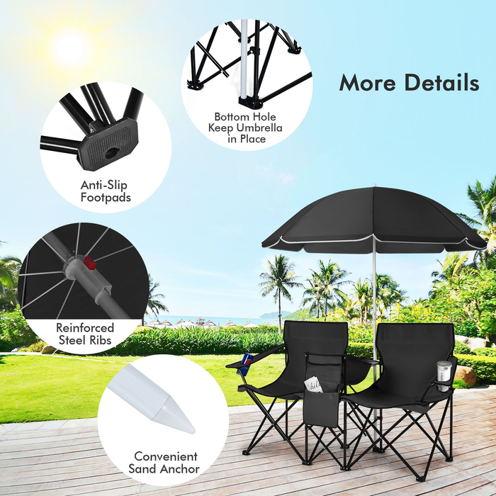 Portable Double Camping Chair with Umbrella and Ice Bag