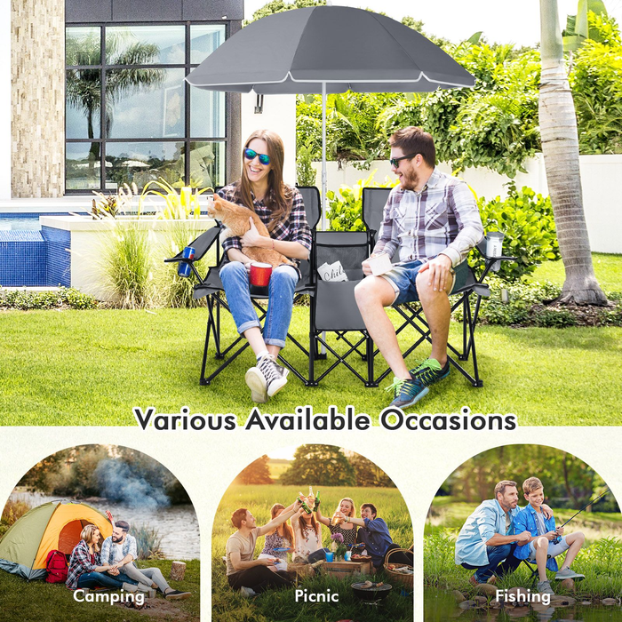 Portable Double Camping Chair with Umbrella and Ice Bag