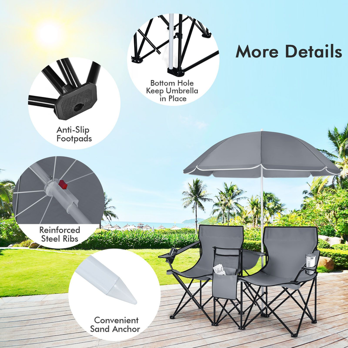 Portable Double Camping Chair with Umbrella and Ice Bag