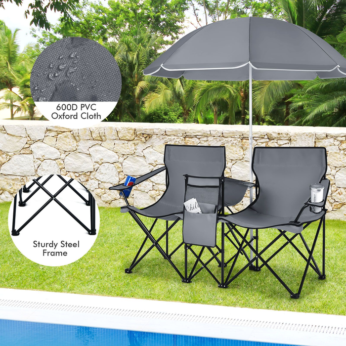 Portable Double Camping Chair with Umbrella and Ice Bag