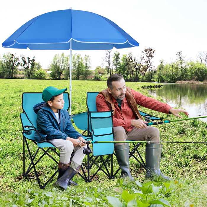 Portable Double Camping Chair with Umbrella and Ice Bag