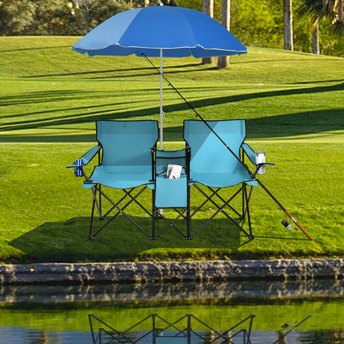 Portable Double Camping Chair with Umbrella and Ice Bag