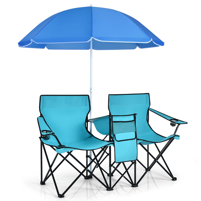 Portable Double Camping Chair with Umbrella and Ice Bag