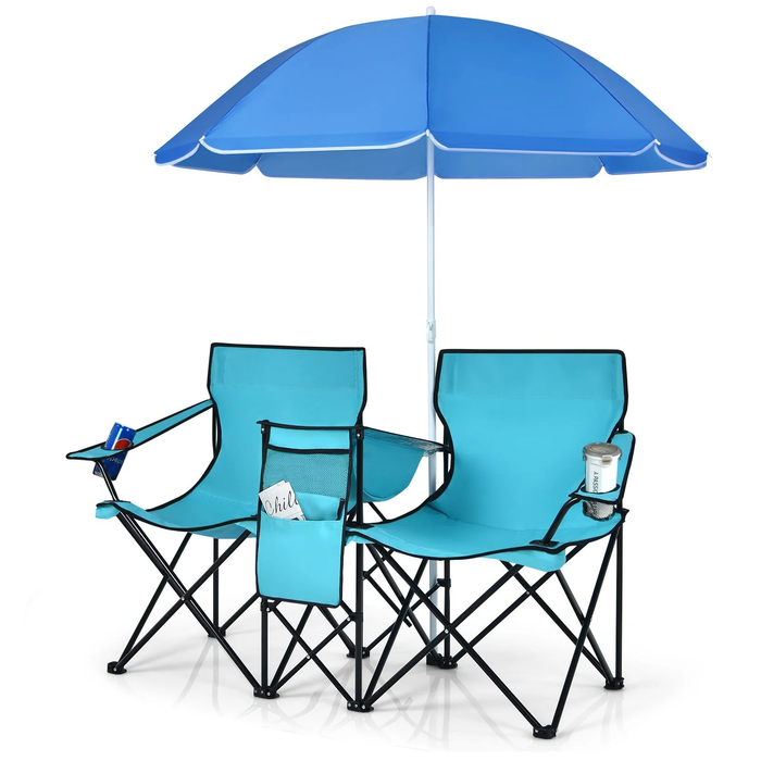 Portable Double Camping Chair with Umbrella and Ice Bag