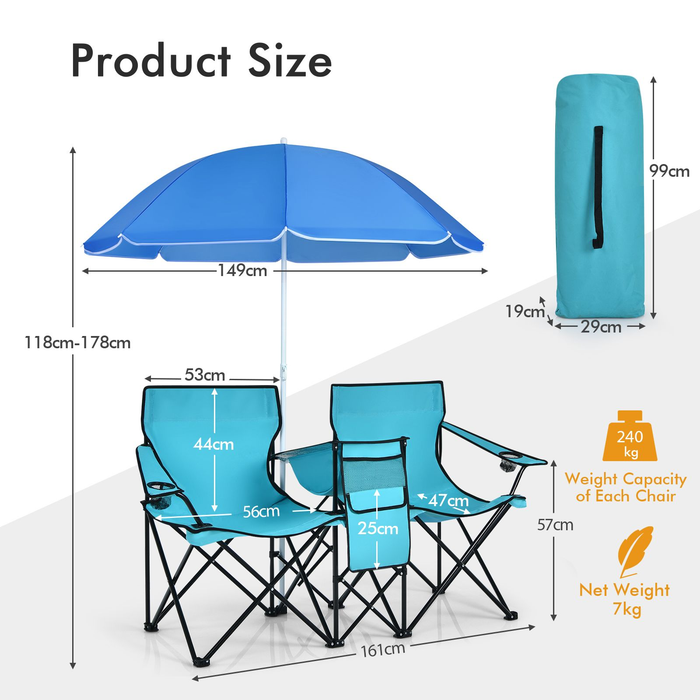 Portable Double Camping Chair with Umbrella and Ice Bag