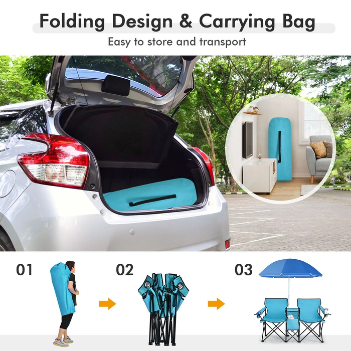 Portable Double Camping Chair with Umbrella and Ice Bag