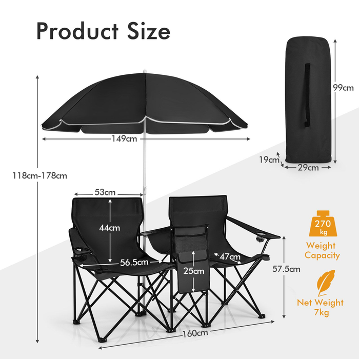 Portable Double Camping Chair with Umbrella and Ice Bag