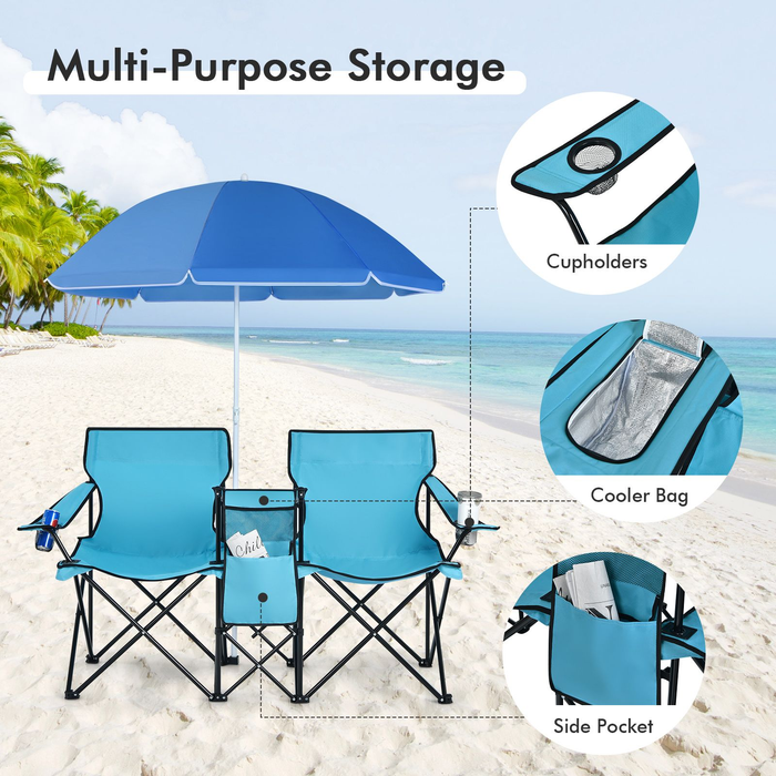 Portable Double Camping Chair with Umbrella and Ice Bag